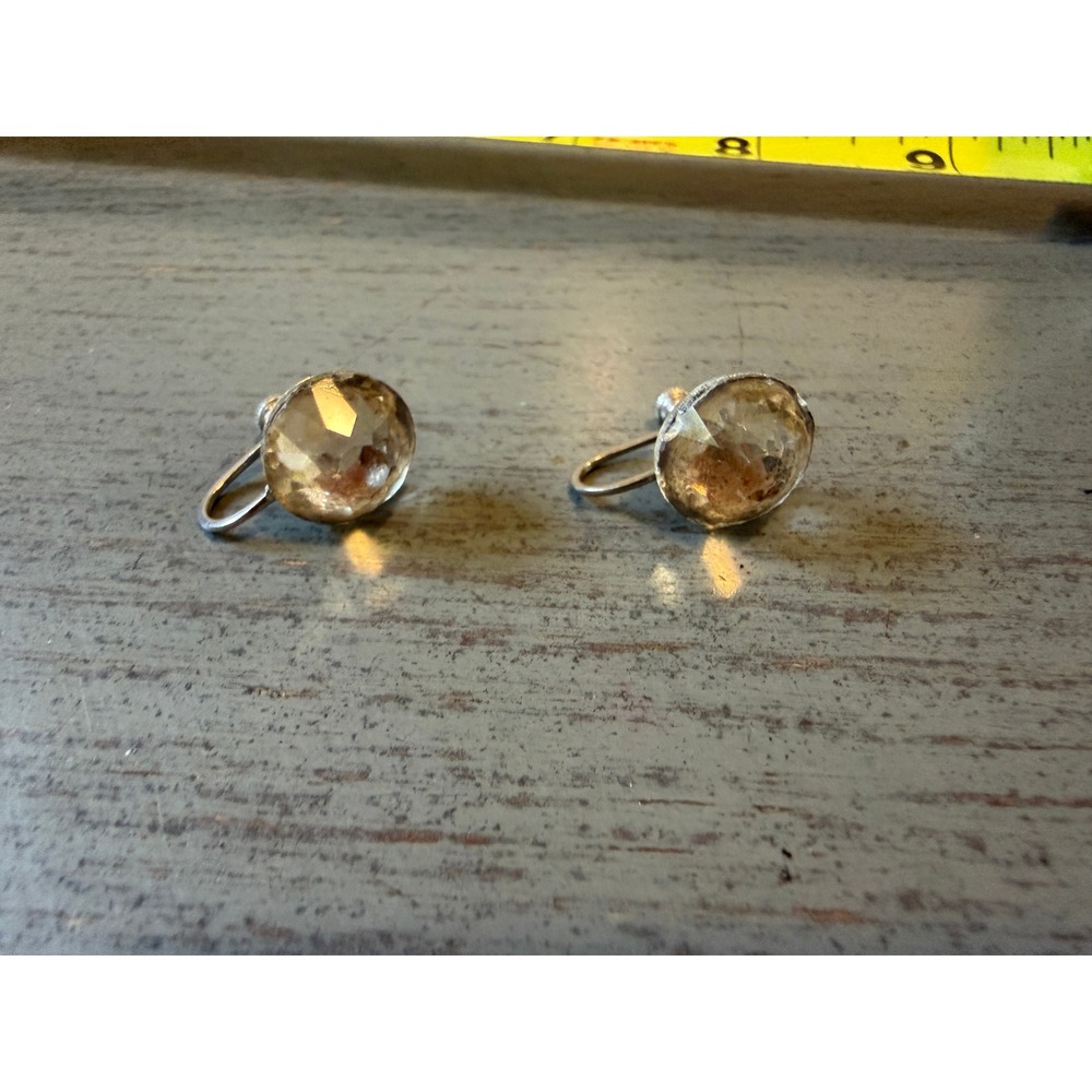 Vintage Screw Back Earrings Champagne Faceted Glass Silver Tone Studs